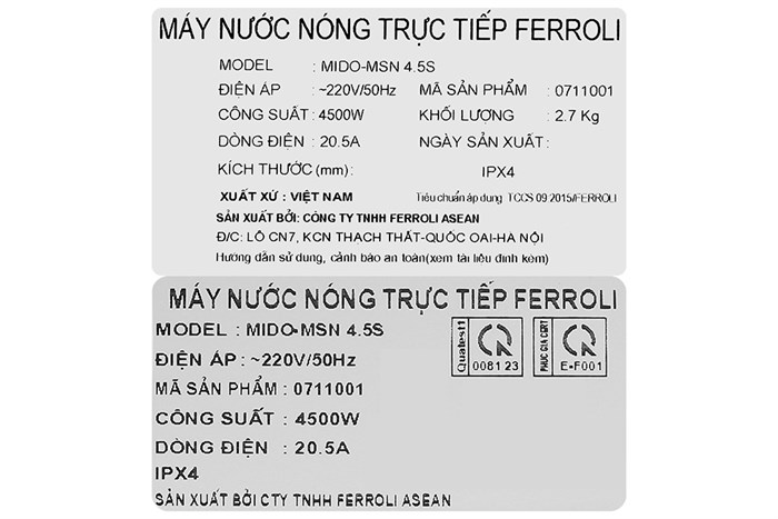 Máy nước nóng trực tiếp Ferroli 4500W MIDO-MSN 4.5S - ảnh phụ 7