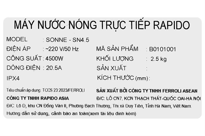 Máy nước nóng trực tiếp Rapido 4500W SONNE - SN4.5 - ảnh phụ 8